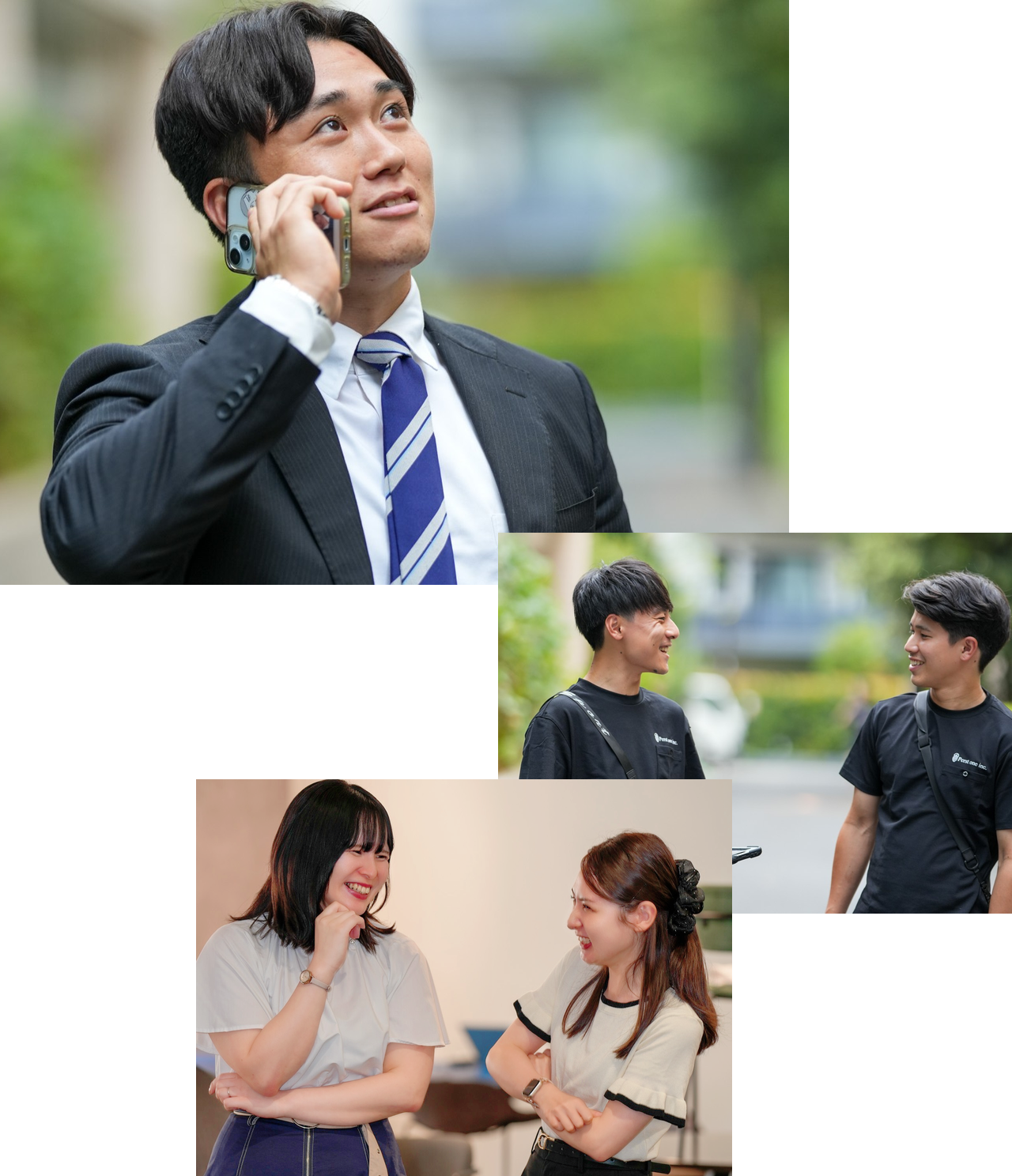 屋外で電話をする営業社員、タブレットを手に会話する社員、オフィスで談笑する社員